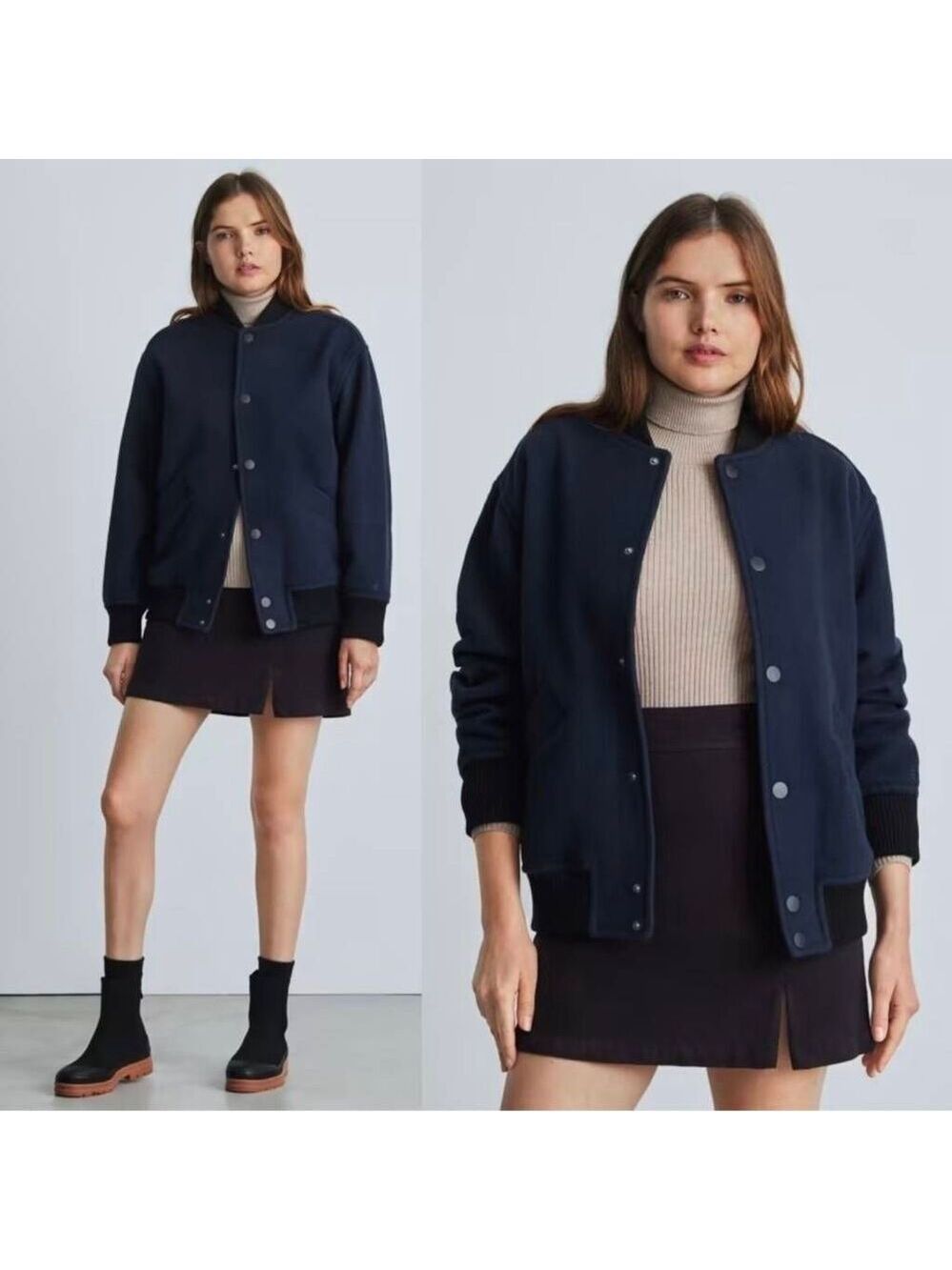 Everlane Wool Bomber Jacket Navy Blue Black Trim XS Recycled Wool NWT